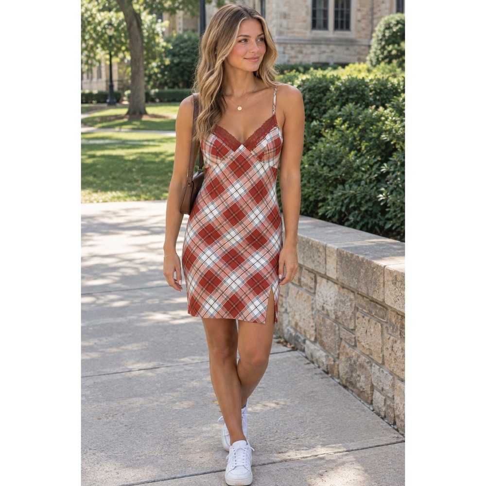 No Boundaries Juniors Babydoll Mini Sun Dress Size M 7 / 9 90's Y2K Plaid Lace